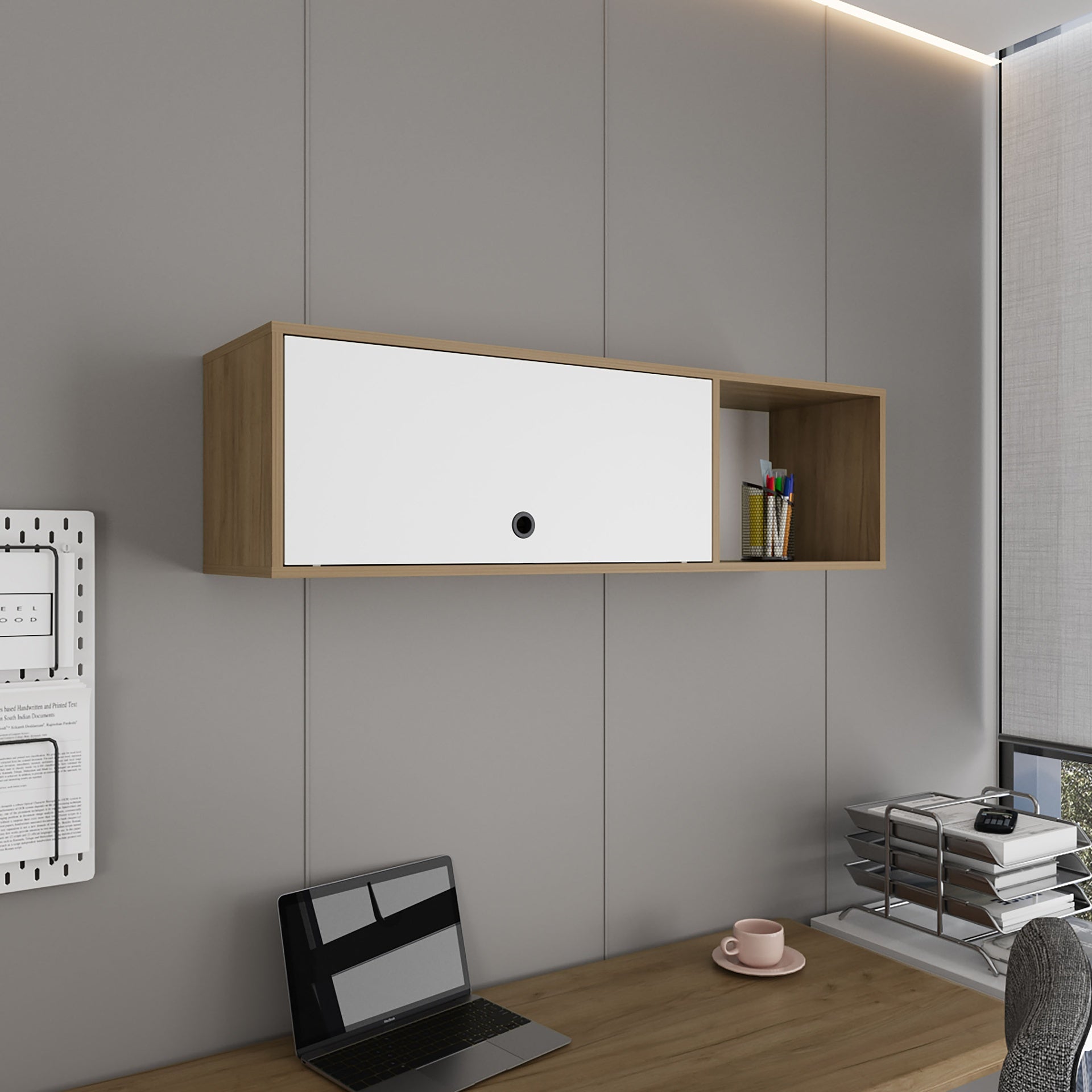 Sahara 47" Wide One - Door Wall Cabinet with Three Shelves and Pull up door for Home Office, Living room, Kitchen, Garage White and Natural Oak