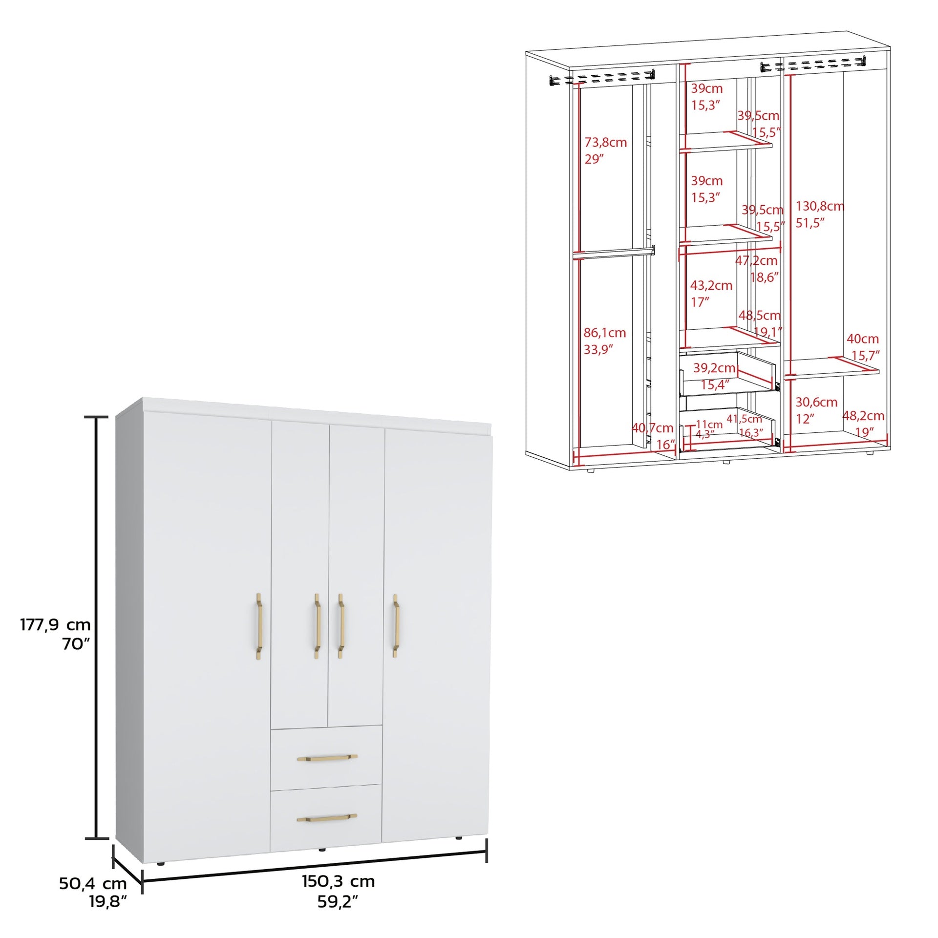 Bariloche Wardrobe, Multi-Section Storage with Hanging Rods, Shelves, and 2 Drawers White