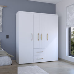 Bariloche Wardrobe, Multi-Section Storage with Hanging Rods, Shelves, and 2 Drawers White