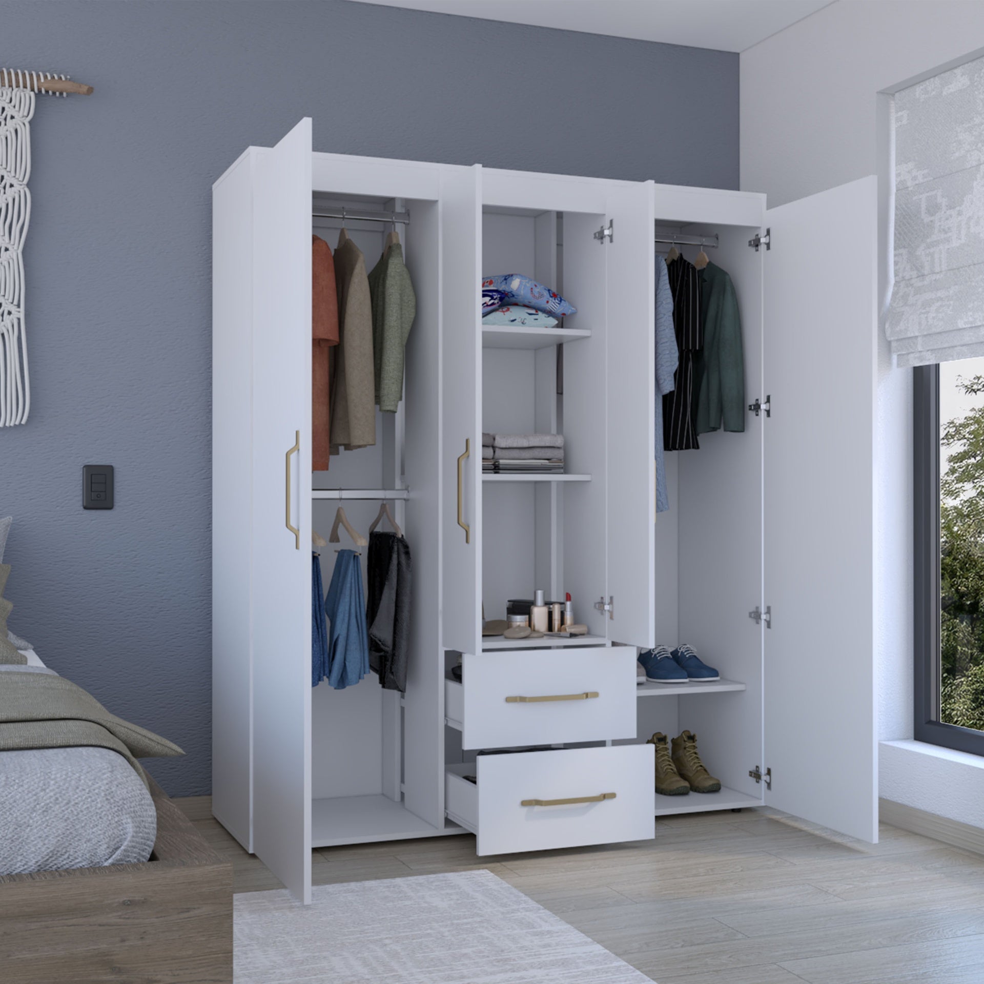 Bariloche Wardrobe, Multi-Section Storage with Hanging Rods, Shelves, and 2 Drawers White