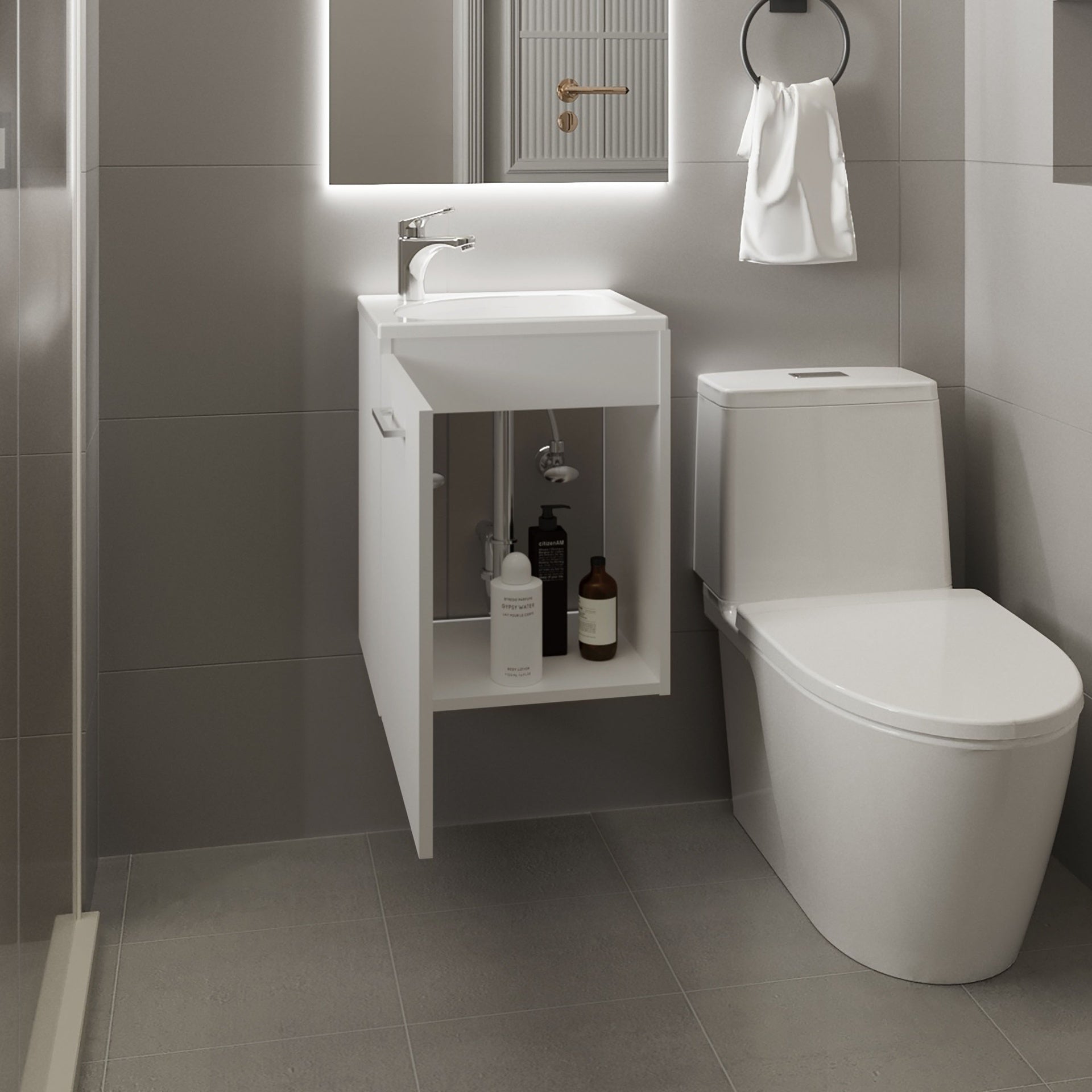 Saju Floating, Wide One-Door Cabinet Vanity, With Resin Sink And One Shelf, Bathroom Storage, White