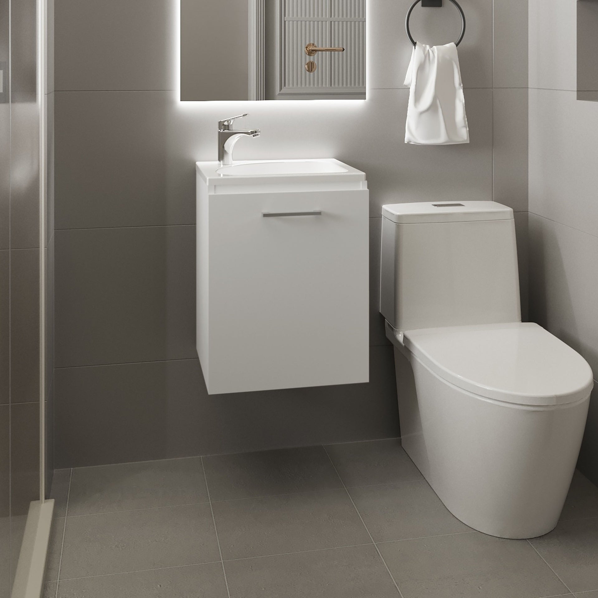 Saju Floating, Wide One-Door Cabinet Vanity, With Resin Sink And One Shelf, Bathroom Storage, White