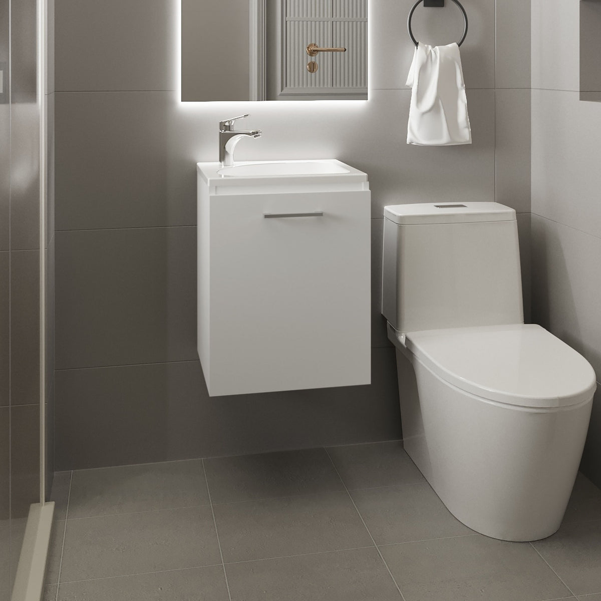 Saju Floating, Wide One-Door Cabinet Vanity, With Resin Sink And One Shelf, Bathroom Storage, White