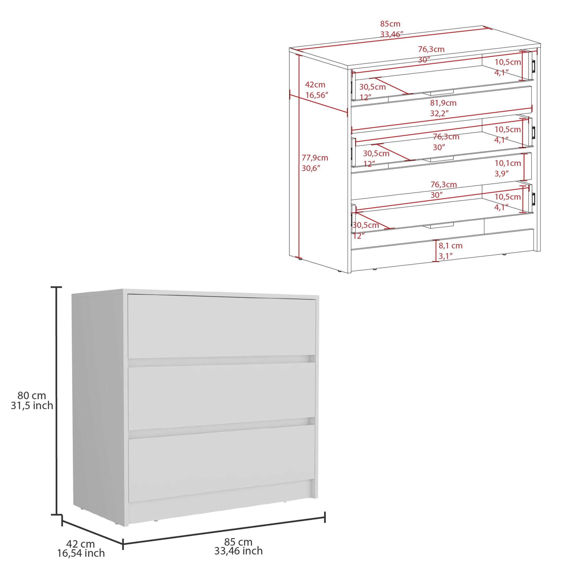 Austin Three Drawer Dresser, Pull Out Mechanism-White