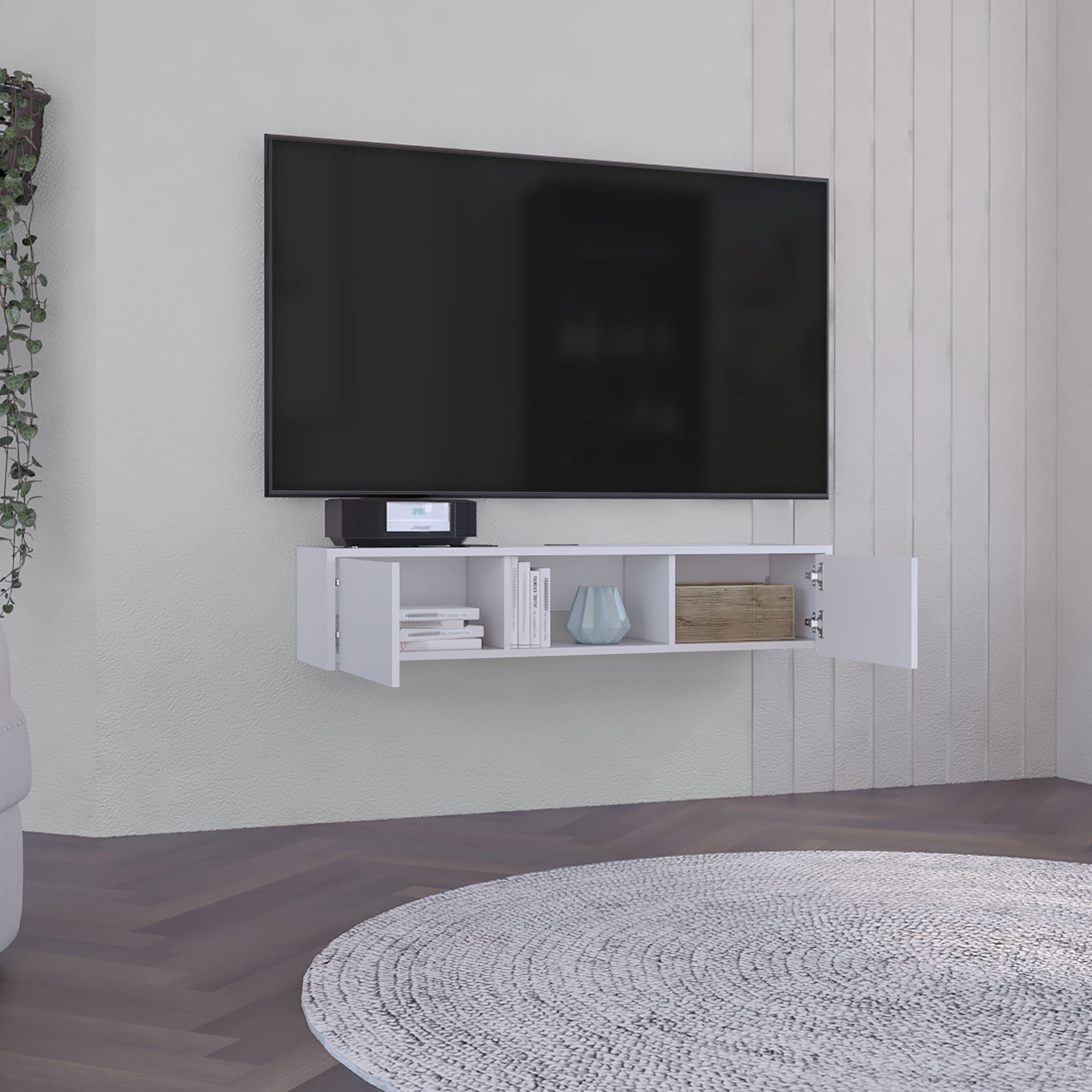 Glen Floating TV Stand with Side Doors and Central Media Shelf