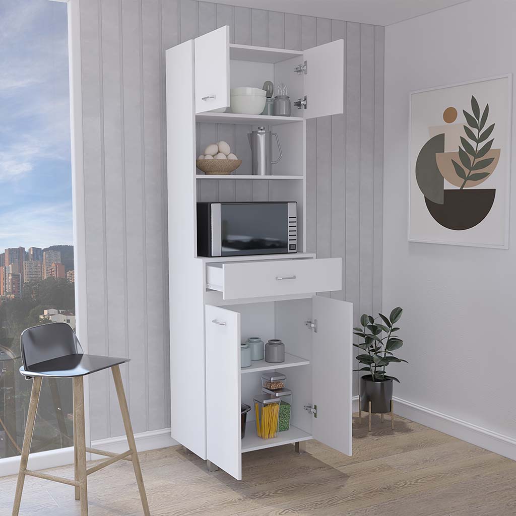 Caribe Microwave Cabinet, Four Legs, One Drawer, Double Door, One Shelf  -White