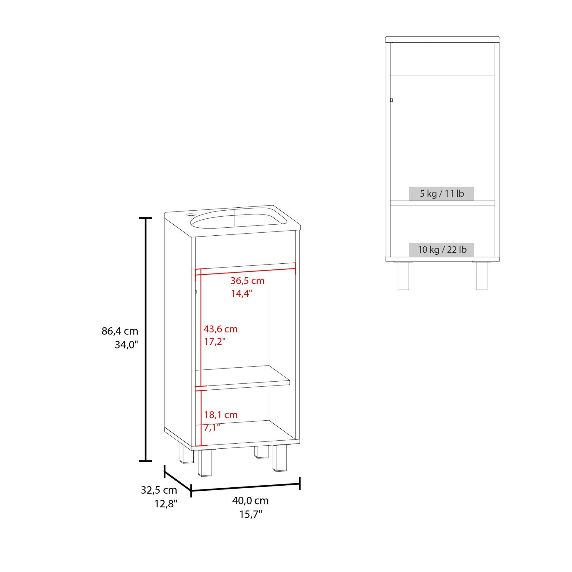 Bethel Wide One-Door Cabinet, Free Standing Vanity With Resin Sink And Two Shelves, Bathroom Storage, Black
