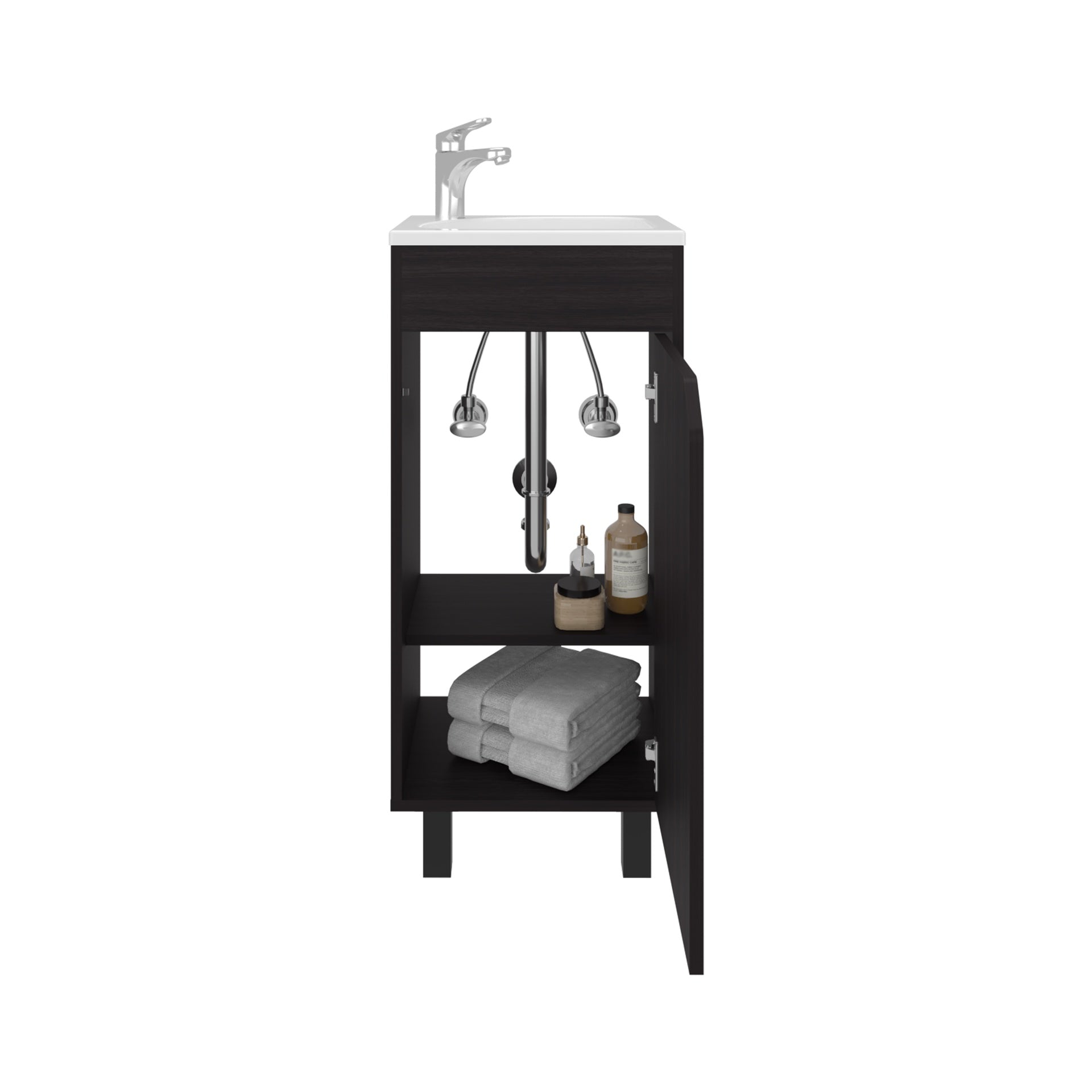 Bethel Wide One-Door Cabinet, Free Standing Vanity With Resin Sink And Two Shelves, Bathroom Storage, Black