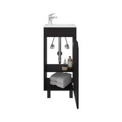 Bethel Wide One-Door Cabinet, Free Standing Vanity With Resin Sink And Two Shelves, Bathroom Storage, Black
