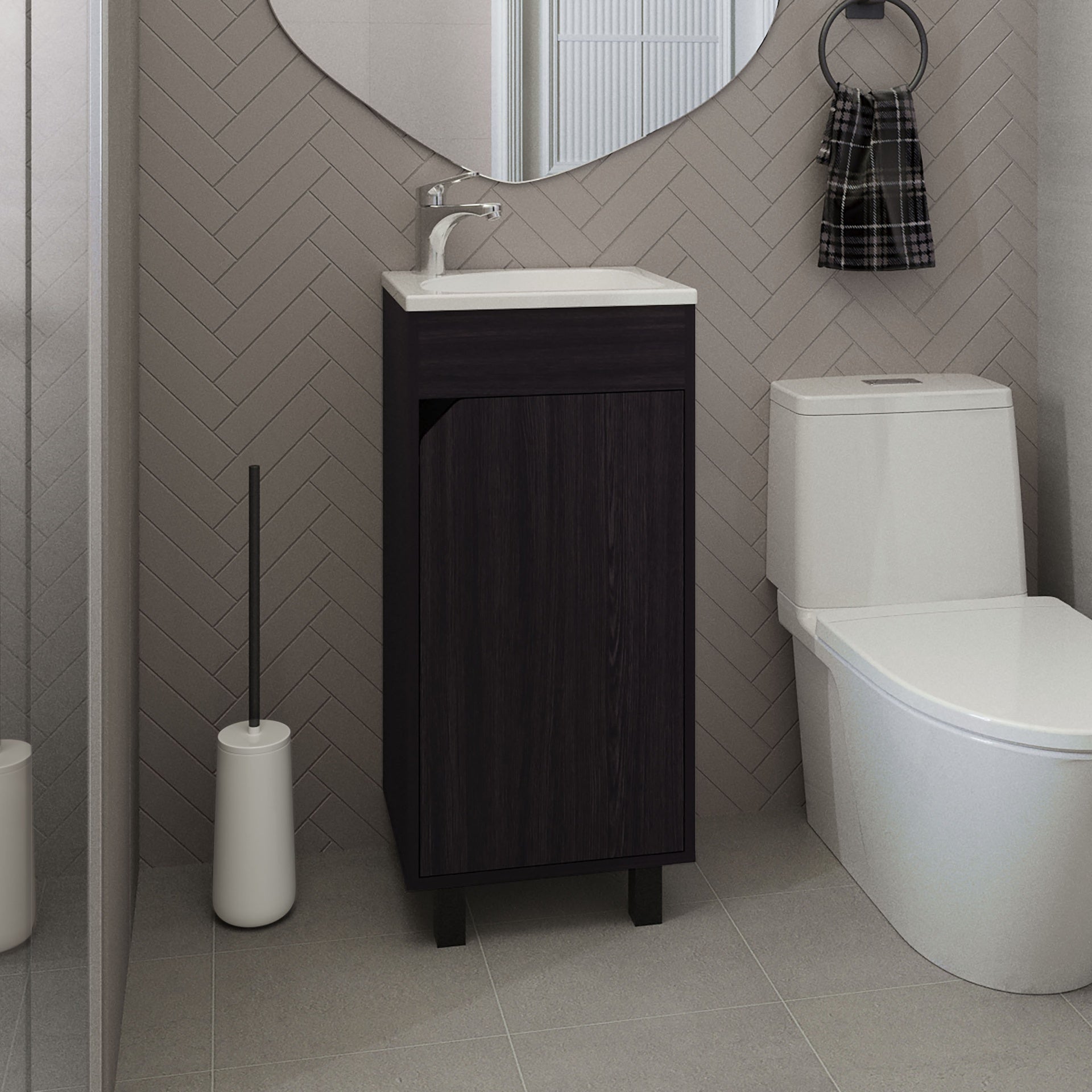 Bethel Wide One-Door Cabinet, Free Standing Vanity With Resin Sink And Two Shelves, Bathroom Storage, Black