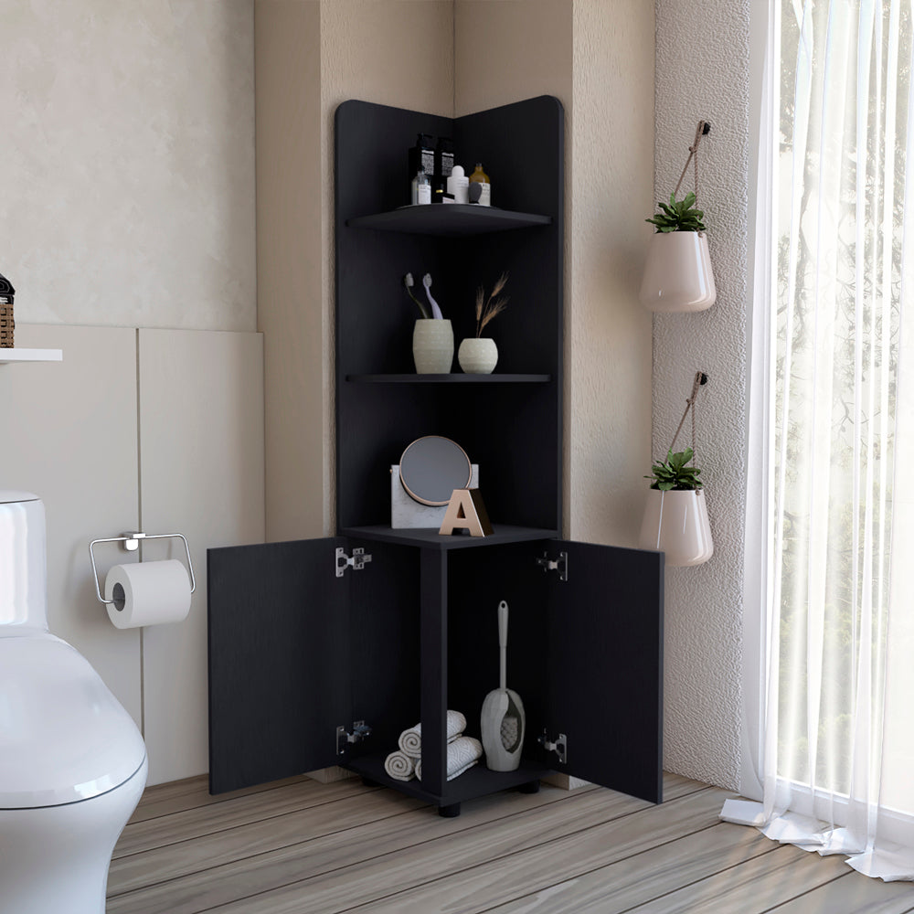 Malibu 62" Tall Double Door Corner Linen Cabinet with Four Shelves Black