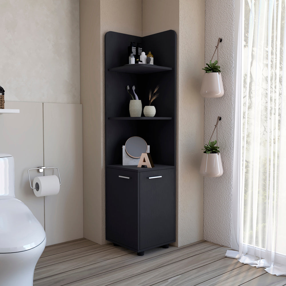 Malibu 62" Tall Double Door Corner Linen Cabinet with Four Shelves Black