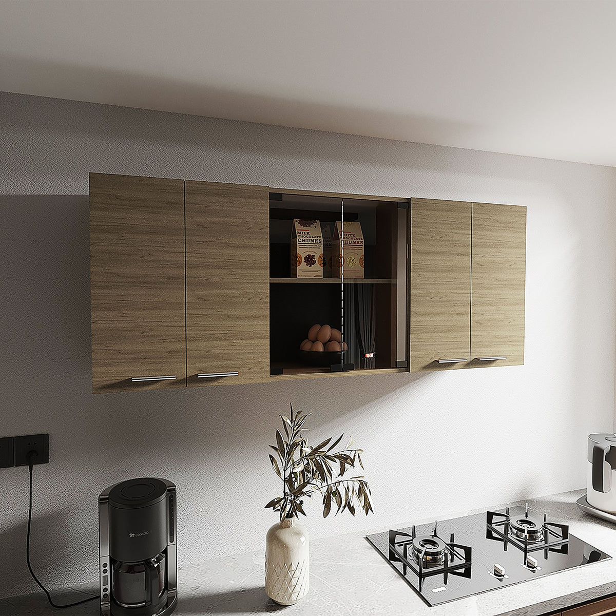 Superior 150 Wall Cabinet With Glass, Four Interior Shelves, Two Double Door Natural Oak