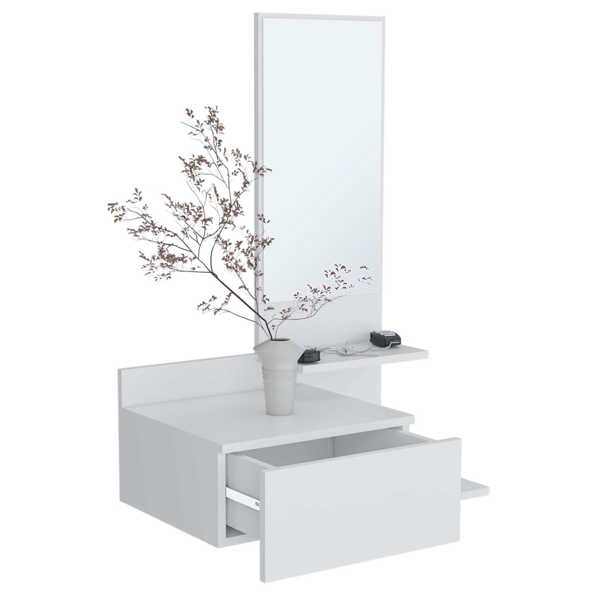 Vienna 23.6" Wide 3-Tier Shelf  Floating  Mirror Console Table, Full Extension Drawer White