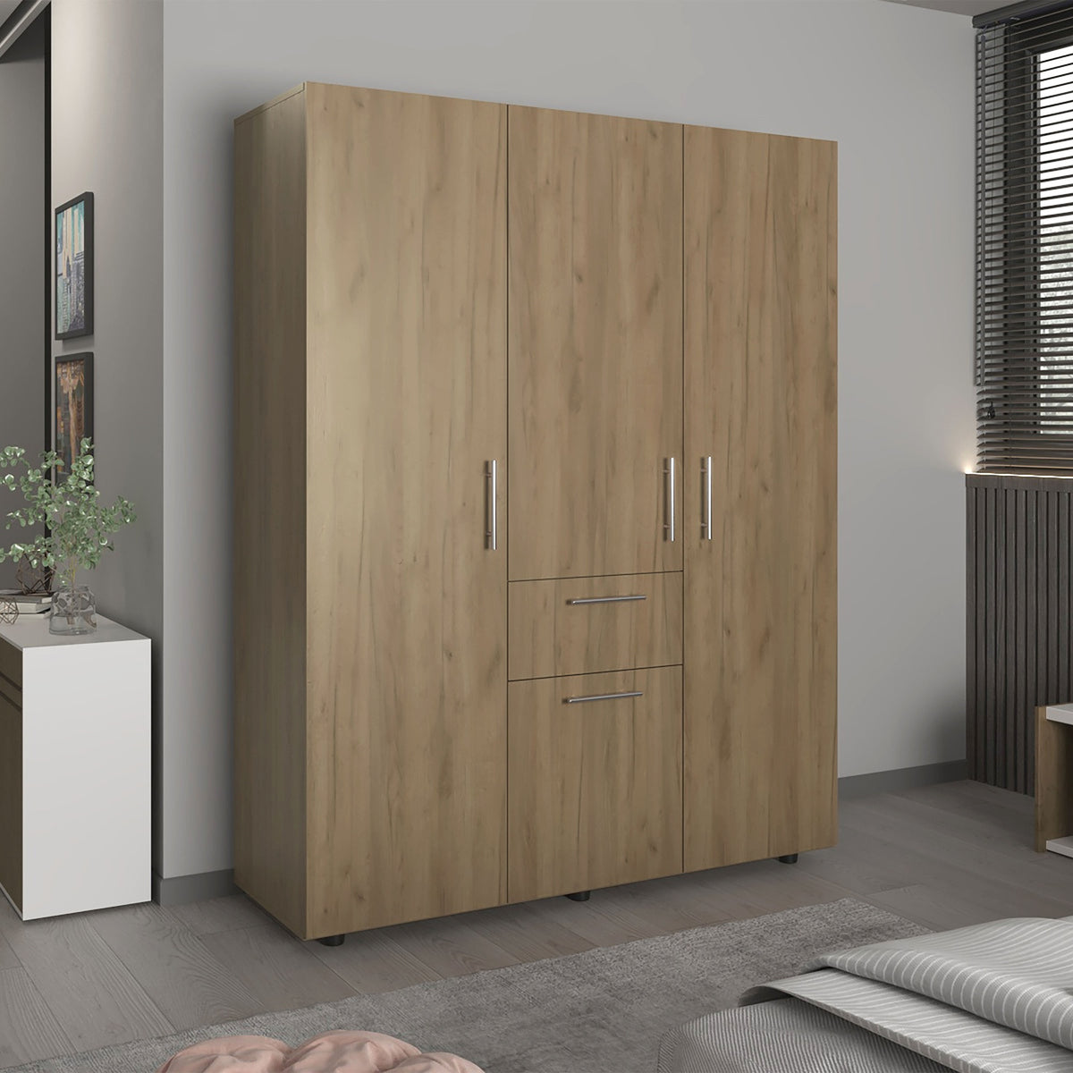 Bariloche 70" High Four-Door, One Drawer Armoire With Three Hanging Rods, Seven Shelves Bedroom, Wardrobe, Closet Natural Oak