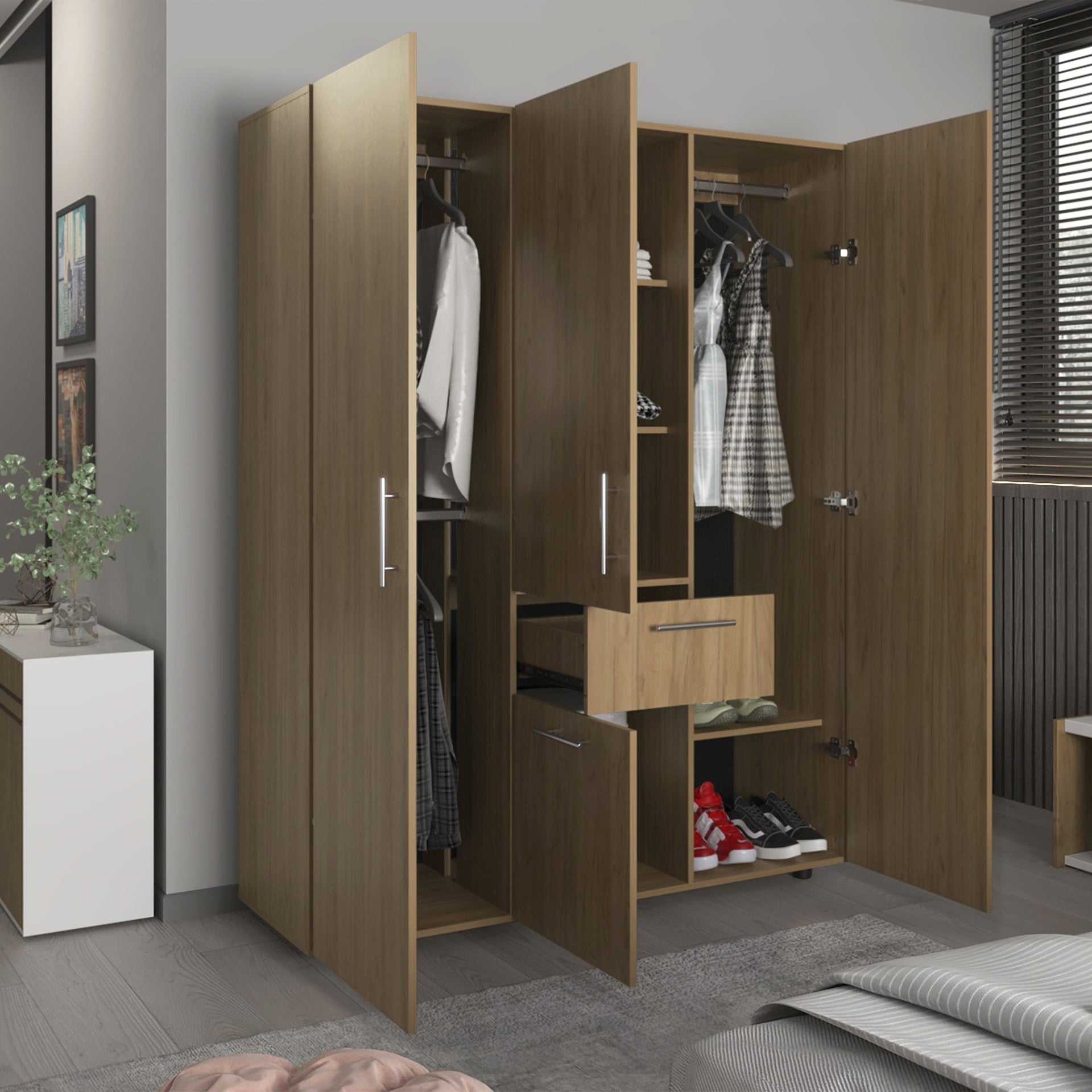 Bariloche 70" High Four-Door, One Drawer Armoire With Three Hanging Rods, Seven Shelves Bedroom, Wardrobe, Closet Natural Oak