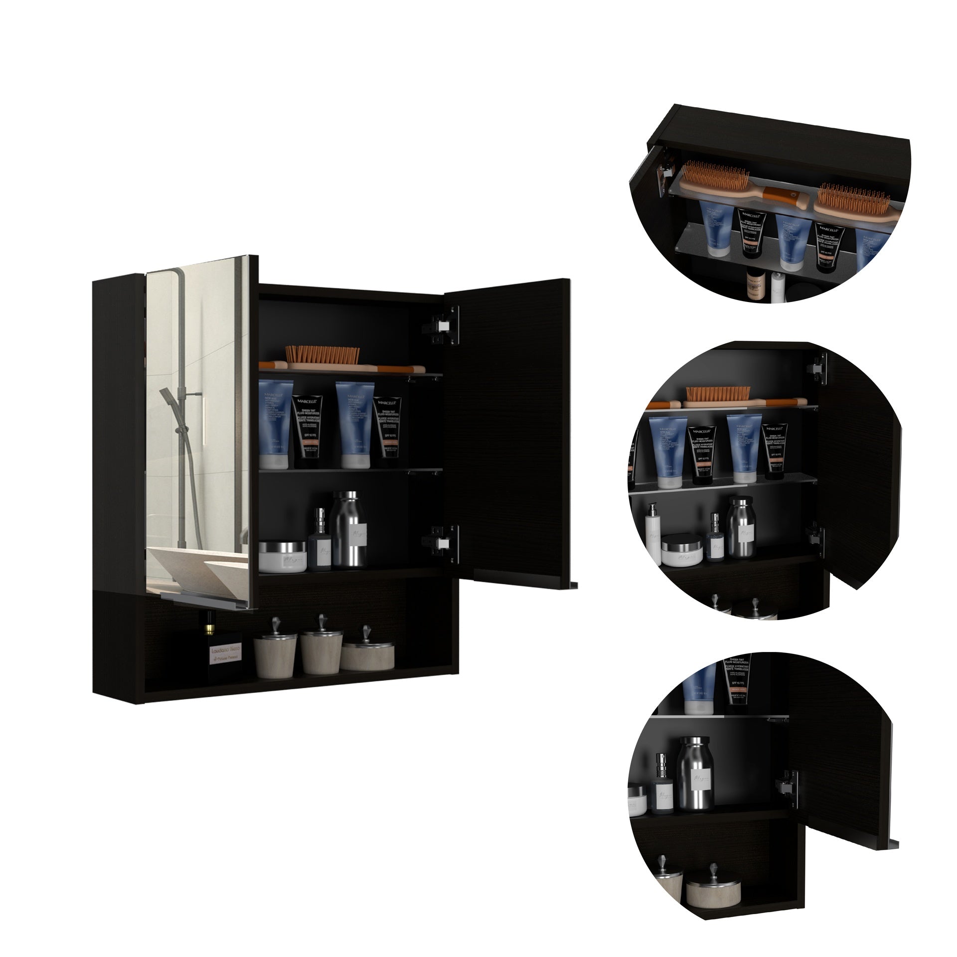 Jaspe Mirror Cabinet, Three Internal Shelves, One Open Shelf, Double Door Cabinet -Black