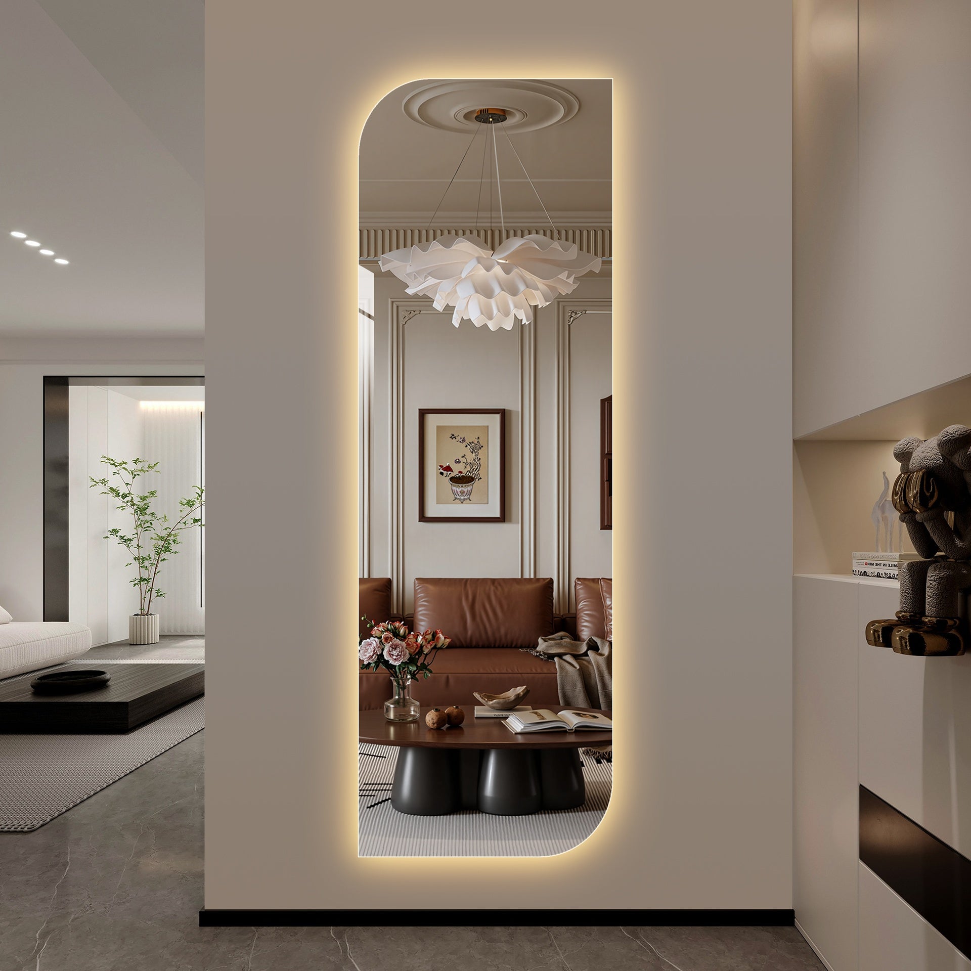65" x 21" LED Full Length Wall Mirror, Irregular Shape Design, 3-Color Dimmable Lighting, 5mm Copper-Free Silver Glass, Hardwired or Plug-in, for Entryway, Bedroom & Salon