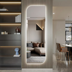 65" x 21" LED Full Length Wall Mirror, Irregular Shape Design, 3-Color Dimmable Lighting, 5mm Copper-Free Silver Glass, Hardwired or Plug-in, for Entryway, Bedroom & Salon