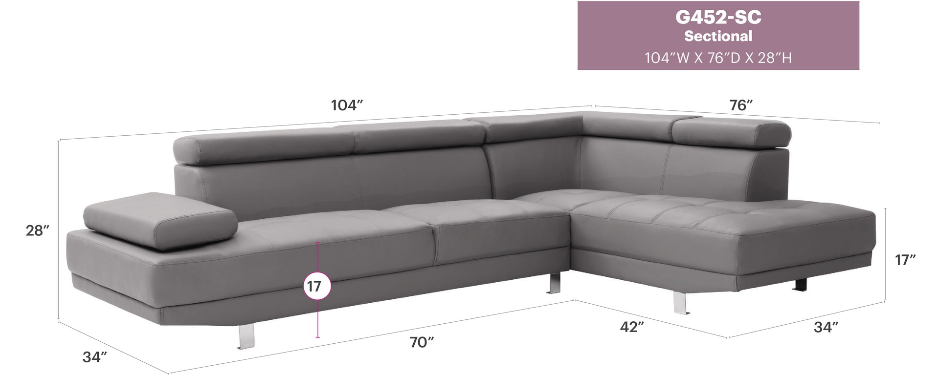 Riveredge G452-SC Sectional  ( Without Ottoman) , GRAY