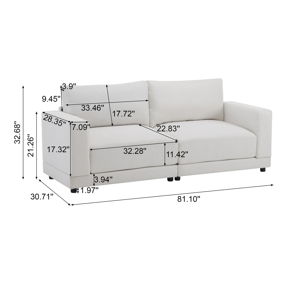 81'' Modern Square Arm Sofa with Soft Fabric Upholstery, Deep Cushions, and Sturdy Wooden Legs in White for Living Room or Bedroom