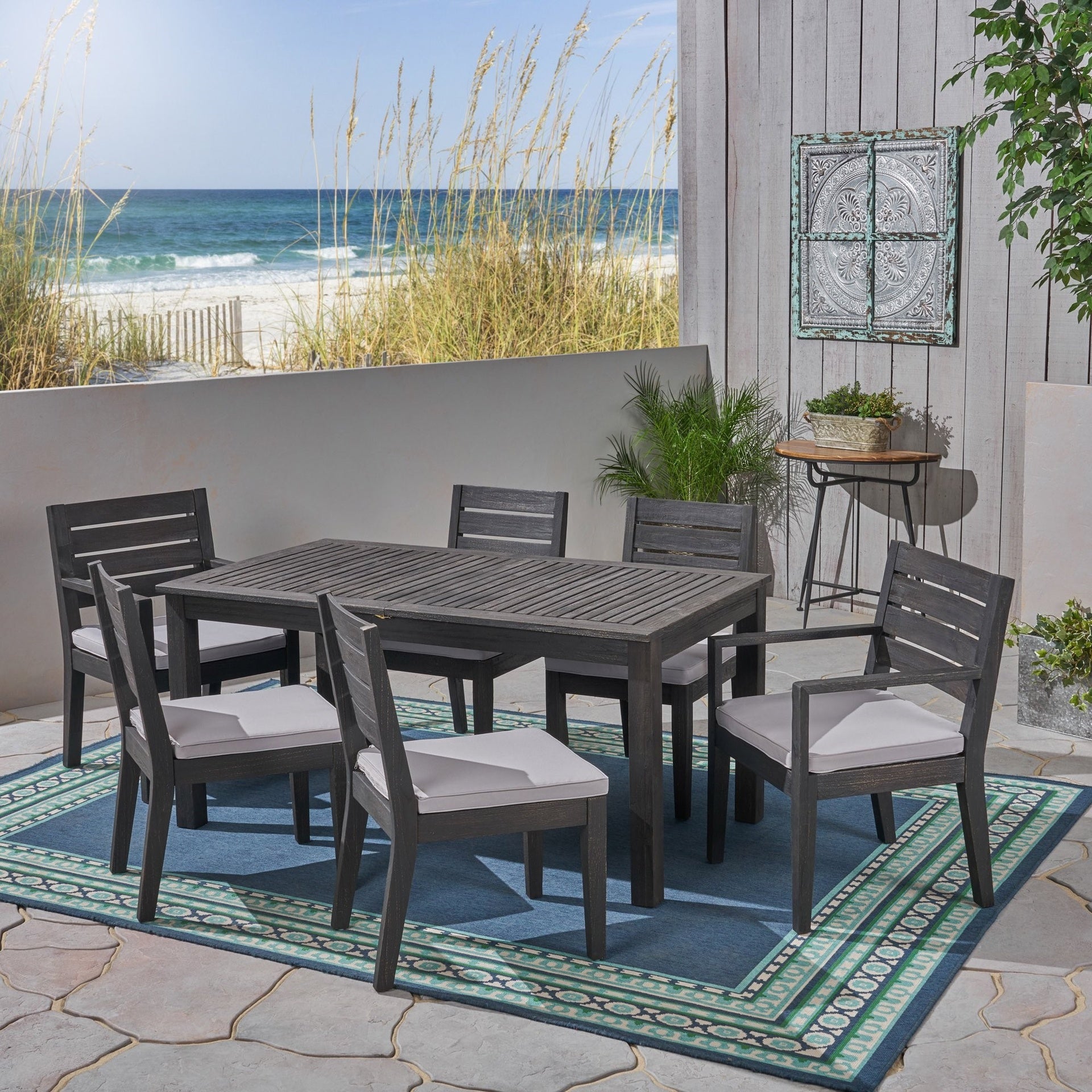 Outdoor Acacia Wood 7 Piece Expandable Dining Set, Sandblasted Dark Gray and Light Gray