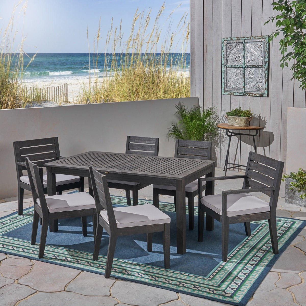 Outdoor Acacia Wood 7 Piece Expandable Dining Set, Sandblasted Dark Gray and Light Gray