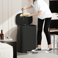 13 Gallon 50L Kitchen Foot Pedal Operated Soft Close Trash Can - Stainless Steel Ellipse Bustbin - BLACK