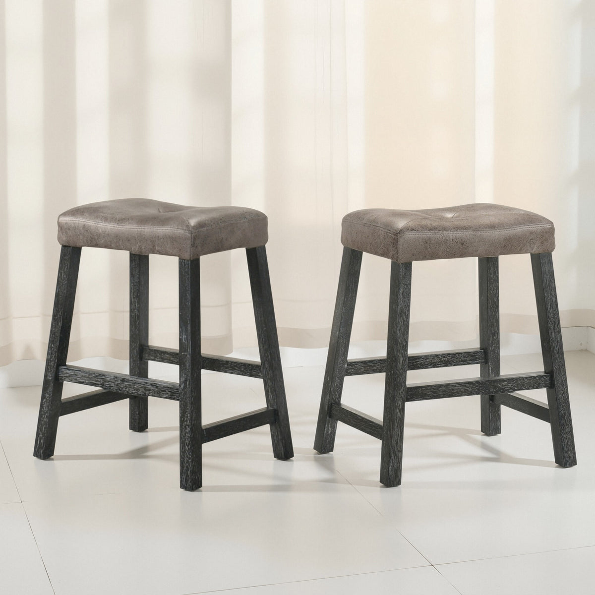 Rustic Backless Counter Stool Set of 2 – 25 Inch Wooden Farmhouse Barstool with Brown Leather Seat, Distressed Finish & Sturdy Frame – Space-Saving Counter-Height Seating for Kitchen & Bar