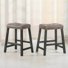 Rustic Backless Counter Stool Set of 2 – 25 Inch Wooden Farmhouse Barstool with Brown Leather Seat, Distressed Finish & Sturdy Frame – Space-Saving Counter-Height Seating for Kitchen & Bar