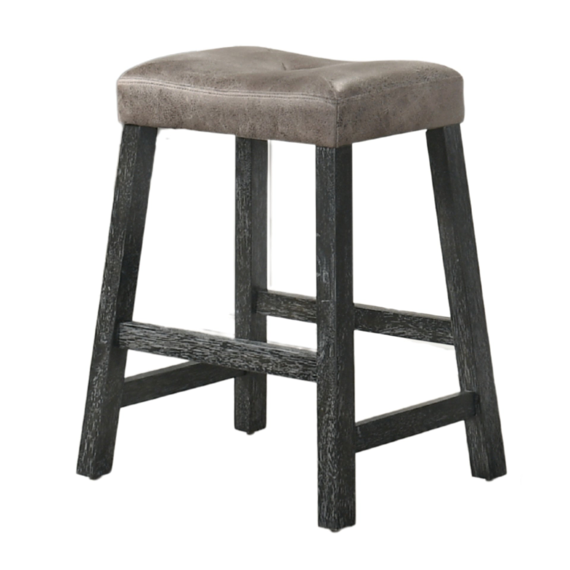 Rustic Backless Counter Stool Set of 2 – 25 Inch Wooden Farmhouse Barstool with Brown Leather Seat, Distressed Finish & Sturdy Frame – Space-Saving Counter-Height Seating for Kitchen & Bar