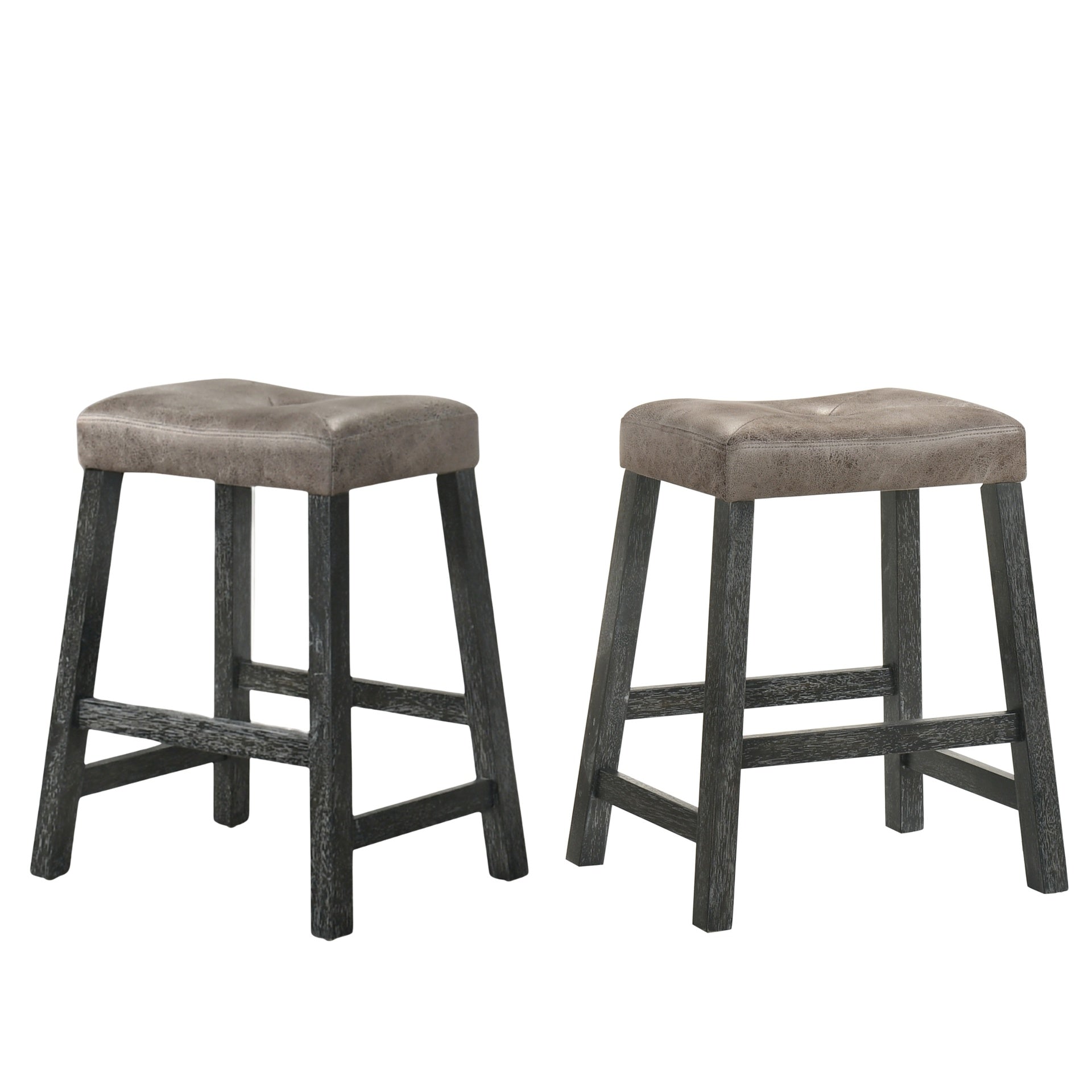 Rustic Backless Counter Stool Set of 2 – 25 Inch Wooden Farmhouse Barstool with Brown Leather Seat, Distressed Finish & Sturdy Frame – Space-Saving Counter-Height Seating for Kitchen & Bar