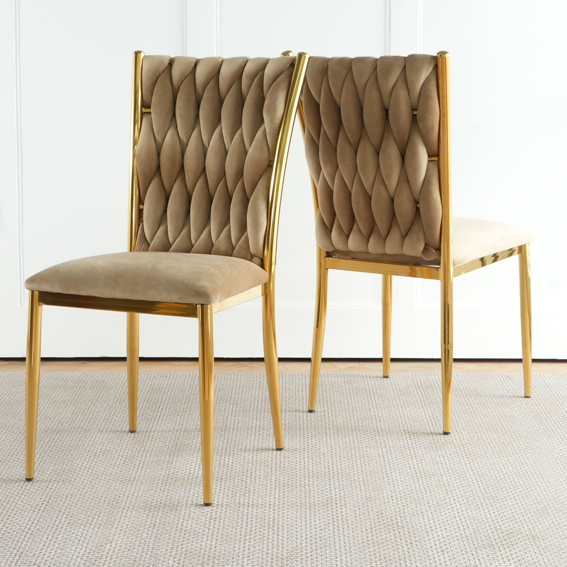 Modern simple brown velvet dining chair, family bedroom stool back student table chair, gold-plated metal chair legs, suitable for dining room kitchen bedroom (set of 2)