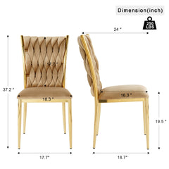 Modern simple brown velvet dining chair, family bedroom stool back student table chair, gold-plated metal chair legs, suitable for dining room kitchen bedroom (set of 2)