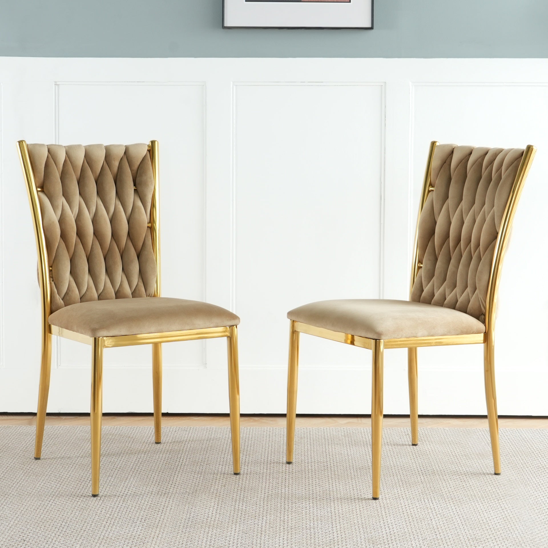 Modern simple brown velvet dining chair, family bedroom stool back student table chair, gold-plated metal chair legs, suitable for dining room kitchen bedroom (set of 2)