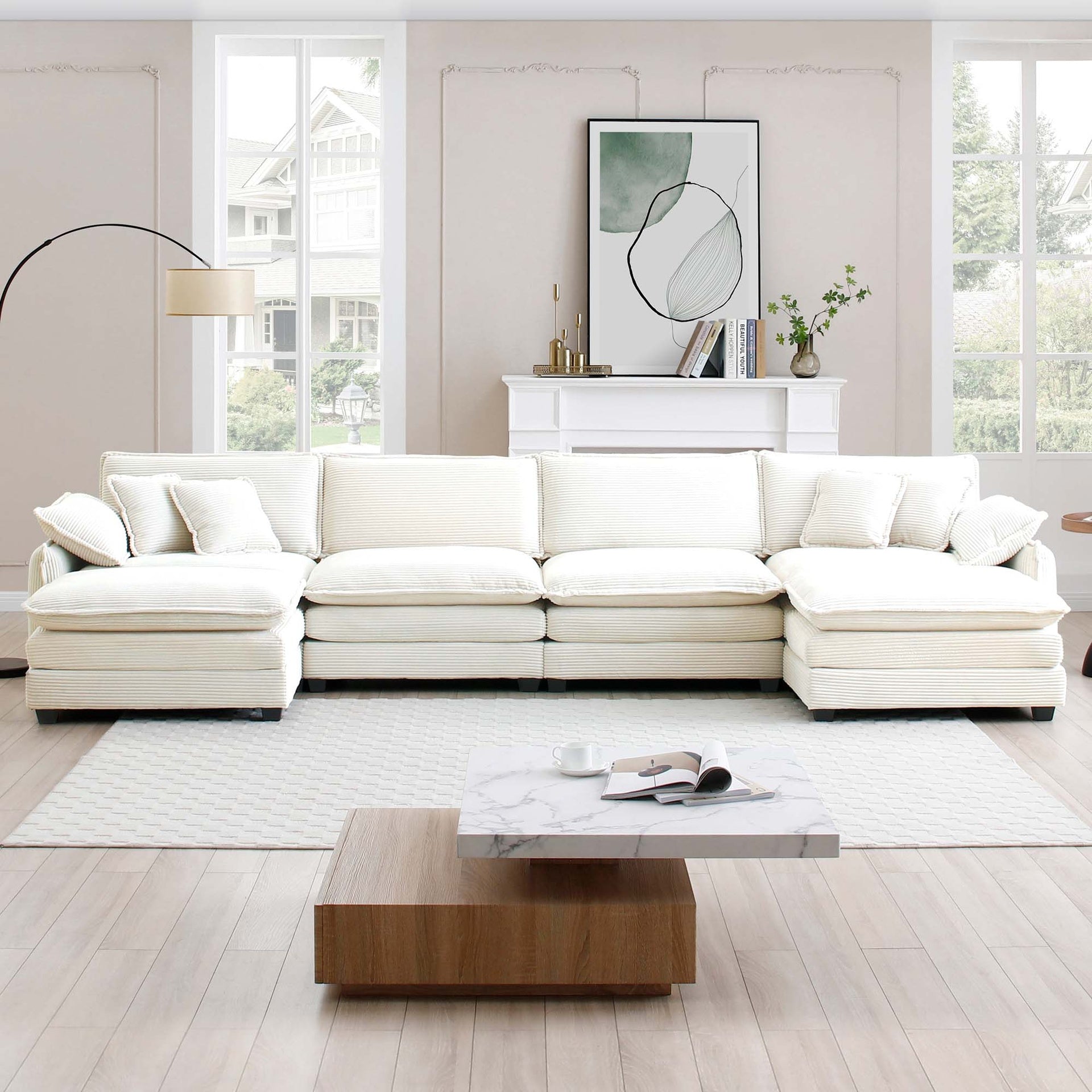 Over size U Shape Corduroy Sofa , Modern Upholstered 4 Seater Sofa with 2  Ottomans,  Premium Soft Corduroy Fabric Sofa