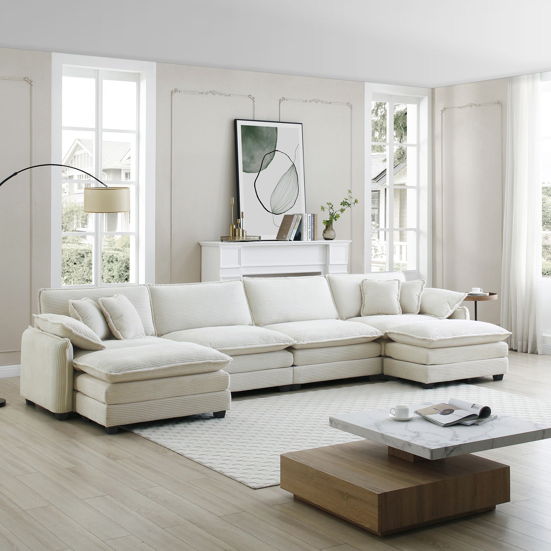 Over size U Shape Corduroy Sofa , Modern Upholstered 4 Seater Sofa with 2  Ottomans,  Premium Soft Corduroy Fabric Sofa
