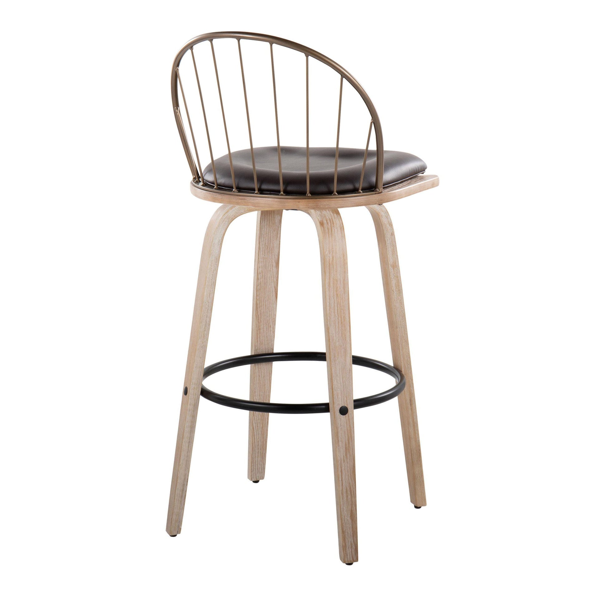 Riley 30" Industrial/Urban Fixed-Height Barstool with Swivel in White Washed Wood, Antique Copper Metal and Removable Brown Faux Leather Cushion by LumiSource - Set of 2