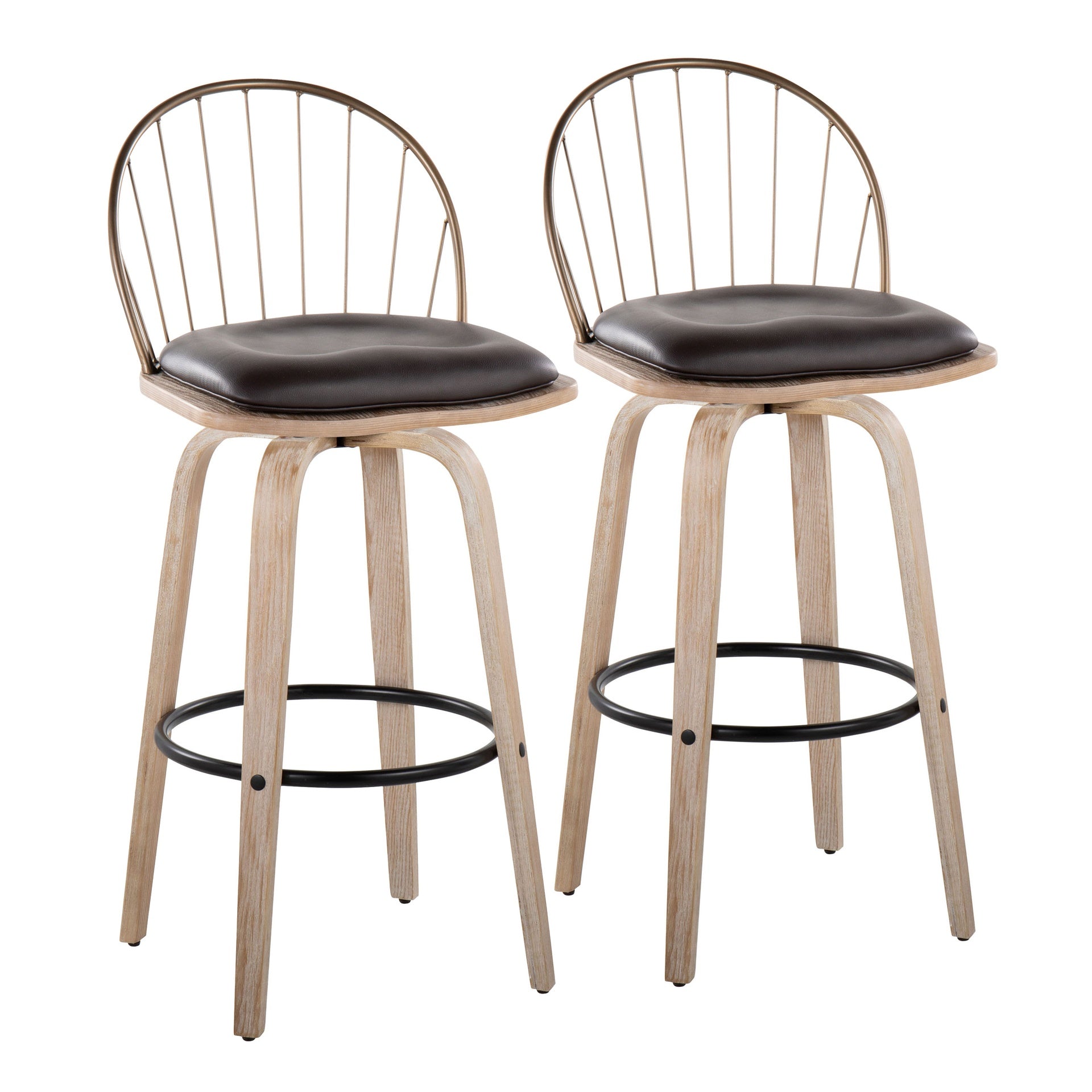 Riley 30" Industrial/Urban Fixed-Height Barstool with Swivel in White Washed Wood, Antique Copper Metal and Removable Brown Faux Leather Cushion by LumiSource - Set of 2