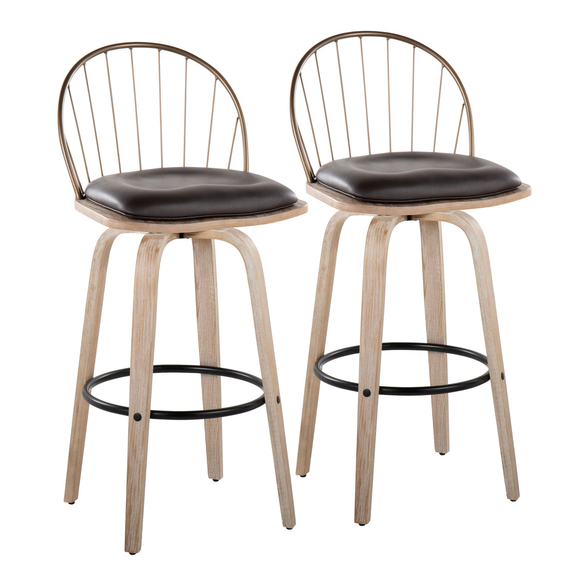 Riley 30" Industrial/Urban Fixed-Height Barstool with Swivel in White Washed Wood, Antique Copper Metal and Removable Brown Faux Leather Cushion by LumiSource - Set of 2
