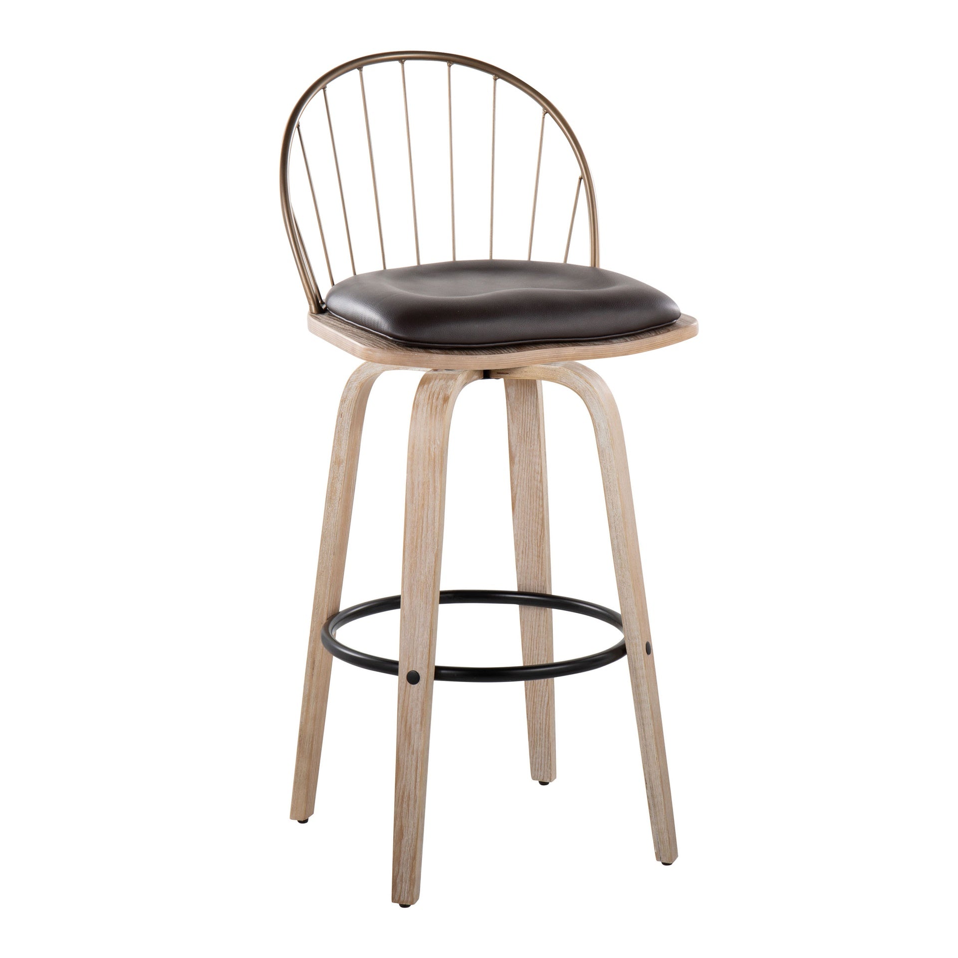Riley 30" Industrial/Urban Fixed-Height Barstool with Swivel in White Washed Wood, Antique Copper Metal and Removable Brown Faux Leather Cushion by LumiSource - Set of 2