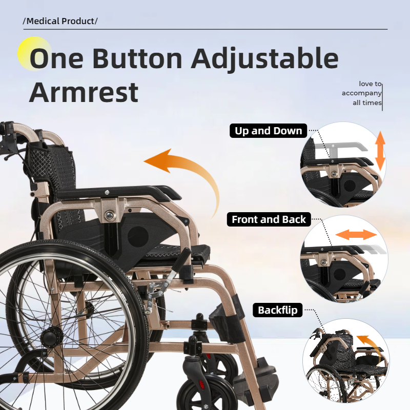 Aluminum Foldable Lightweight Adult Wheelchair, New Square Tube Design, 18" Seat with Front and Rear Locking Hand Brakes, 22" Rear Wheels, Color Champagne gold