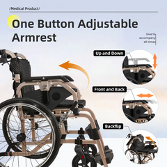 Aluminum Foldable Lightweight Adult Wheelchair, New Square Tube Design, 18" Seat with Front and Rear Locking Hand Brakes, 22" Rear Wheels, Color Champagne gold