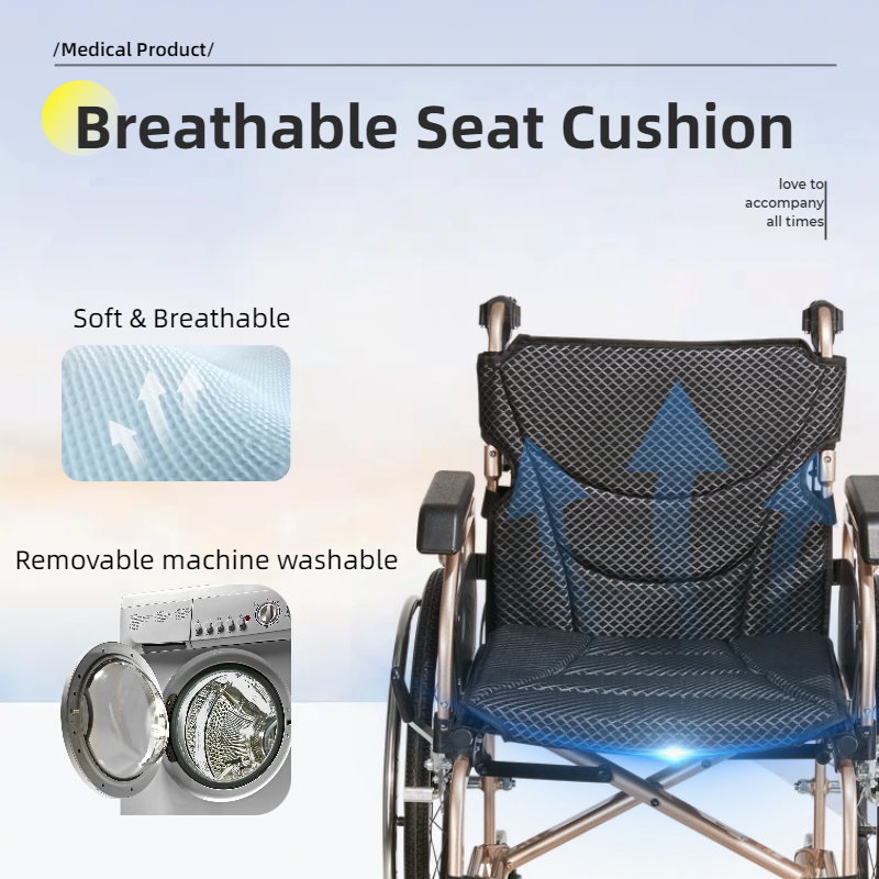 Aluminum Foldable Lightweight Adult Wheelchair, New Square Tube Design, 18" Seat with Front and Rear Locking Hand Brakes, 22" Rear Wheels, Color Champagne gold