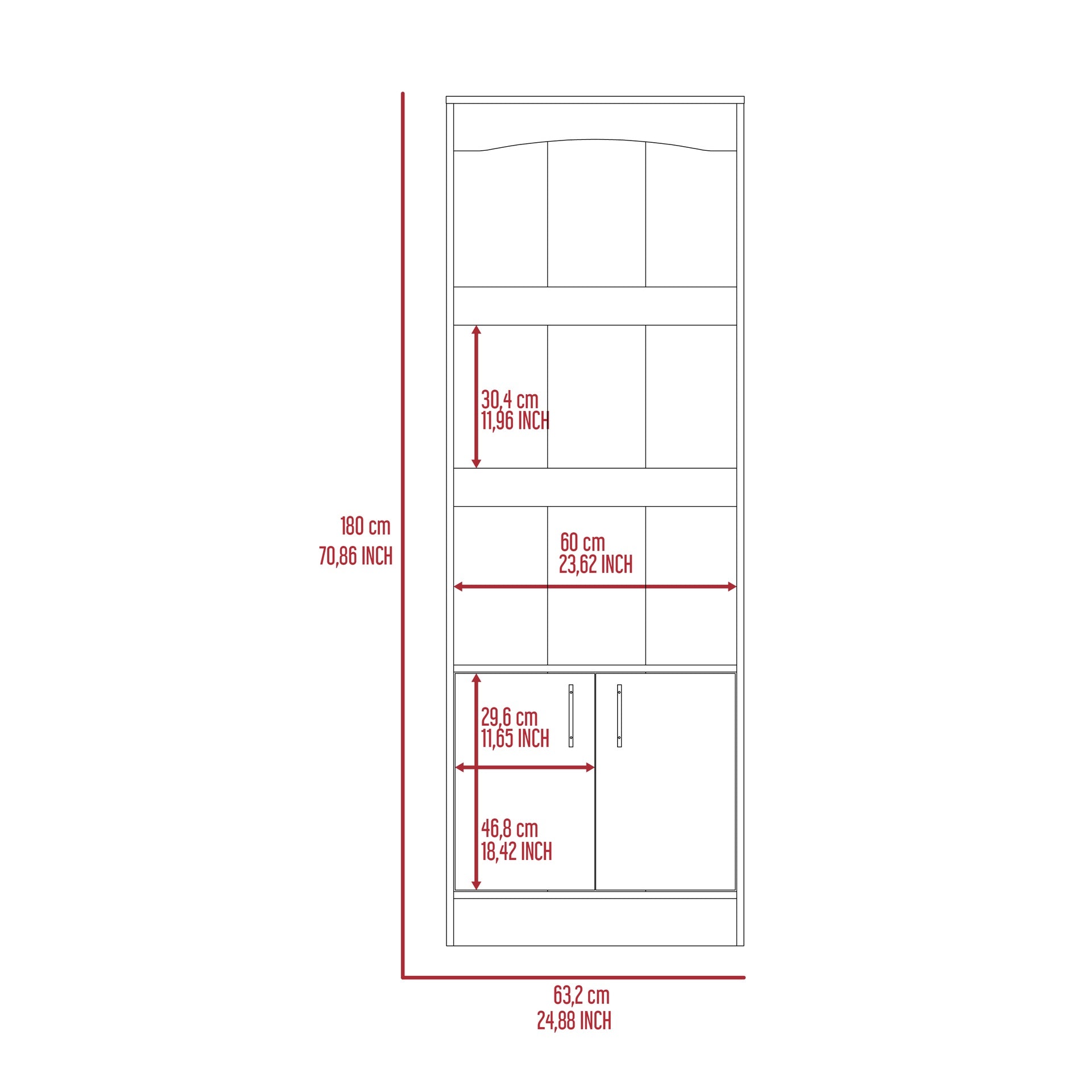 Simma Bookcase, Metal Hardware, Three Shelves, Double Door Cabinet -Light Gray