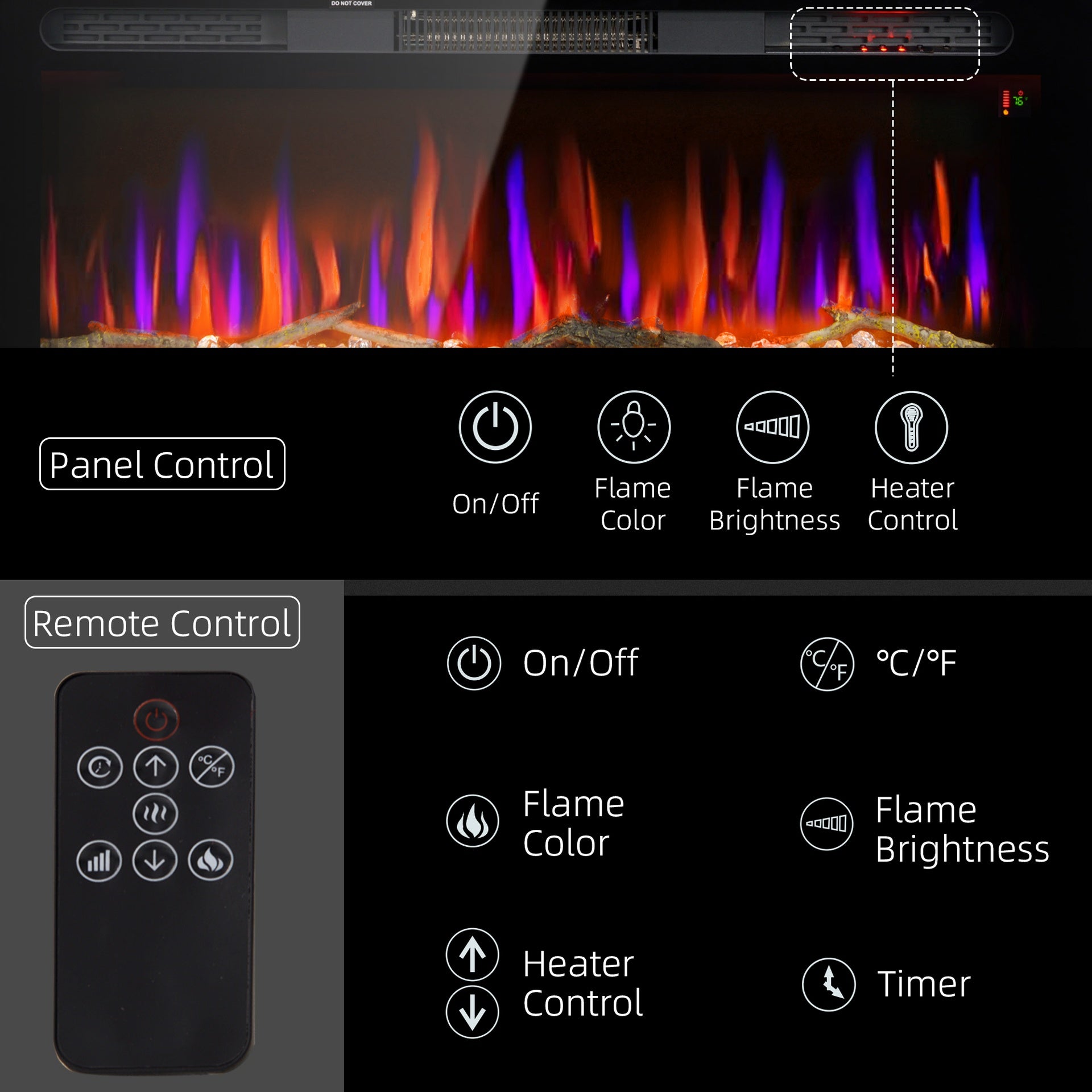 HOMCOM 36" Electric Fireplace Recessed and Wall Mounted with Remote Control, 1500W Fireplace Heater with 8H Timer, Adjustable Flame Color and Brightness, Log and Crystal
