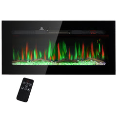 HOMCOM 36" Electric Fireplace Recessed and Wall Mounted with Remote Control, 1500W Fireplace Heater with 8H Timer, Adjustable Flame Color and Brightness, Log and Crystal