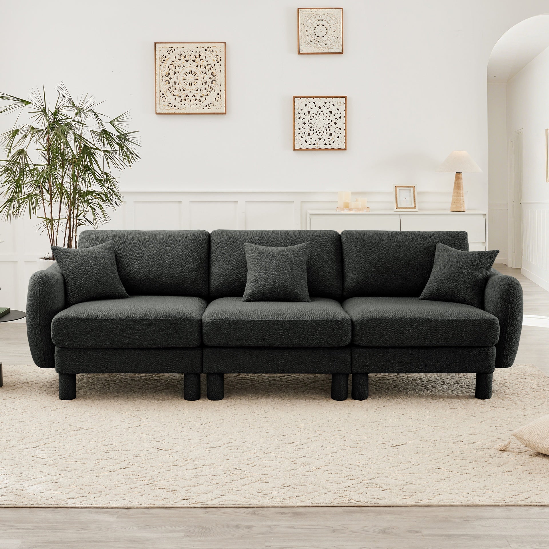 Boucle Fabric 3-seater Sofa Couch With Distinctive Shell-shaped Armrests,Cylindrical Legs Wrapped with Self-fabric,Dark Grey  Color