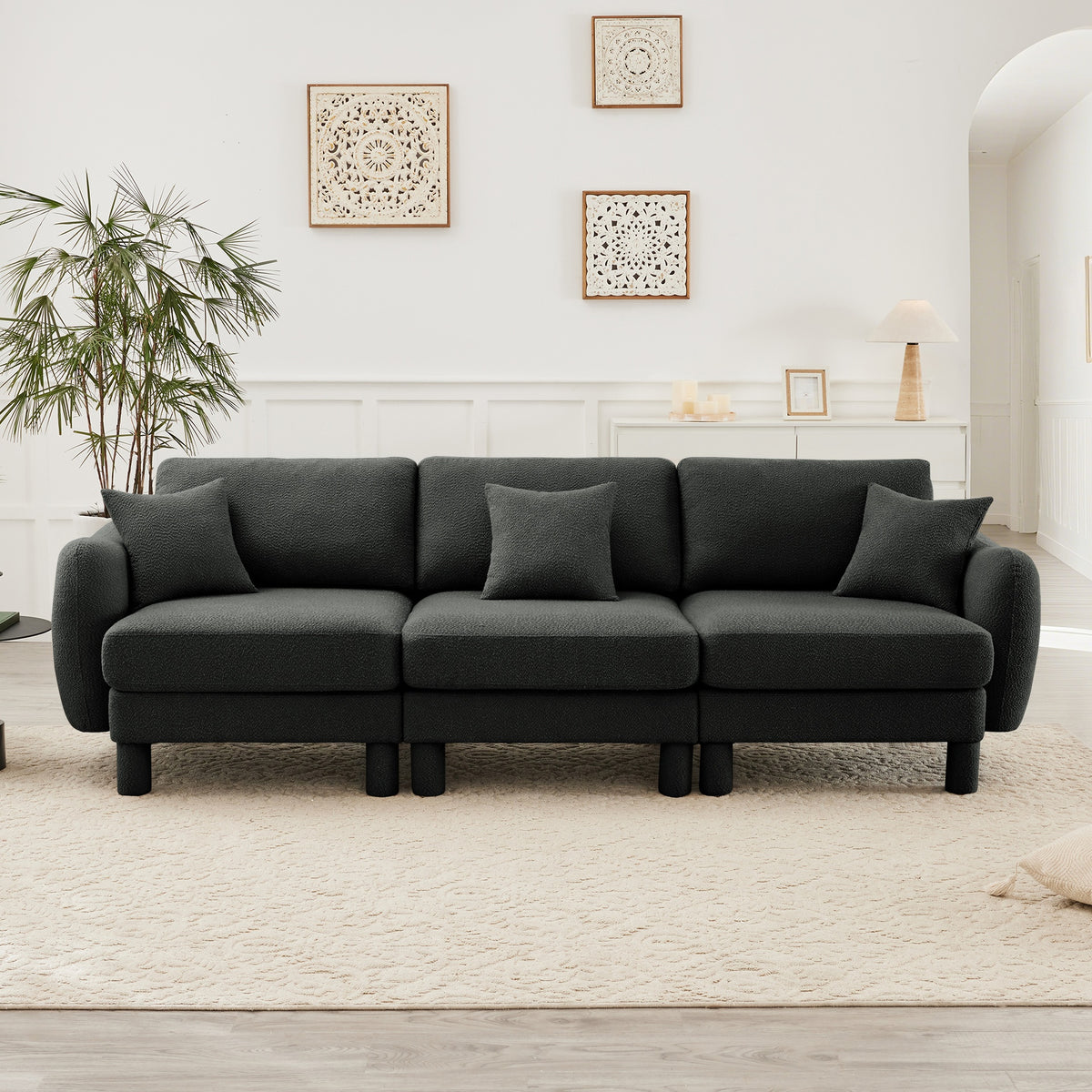 Boucle Fabric 3-seater Sofa Couch With Distinctive Shell-shaped Armrests,Cylindrical Legs Wrapped with Self-fabric,Dark Grey  Color