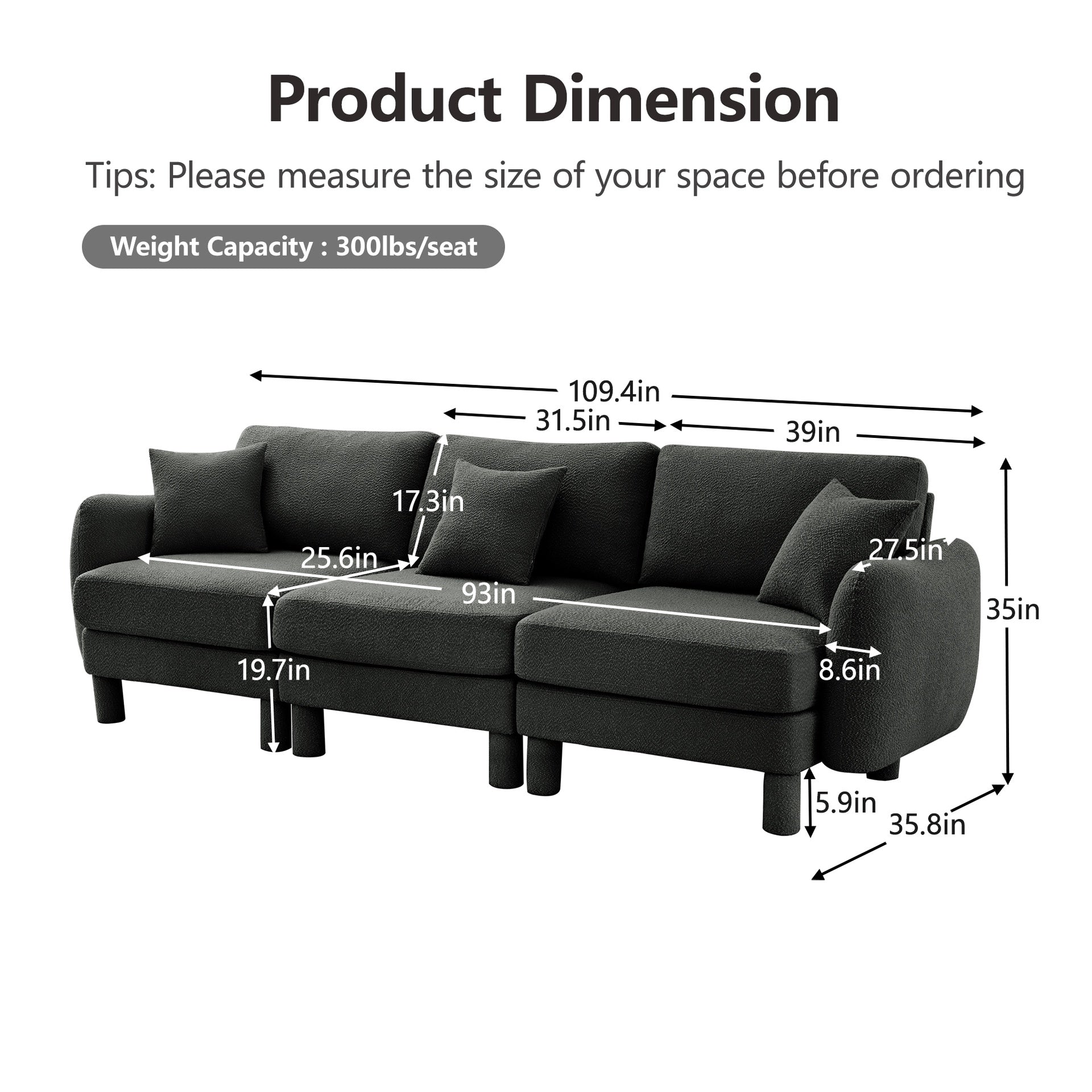 Boucle Fabric 3-seater Sofa Couch With Distinctive Shell-shaped Armrests,Cylindrical Legs Wrapped with Self-fabric,Dark Grey  Color